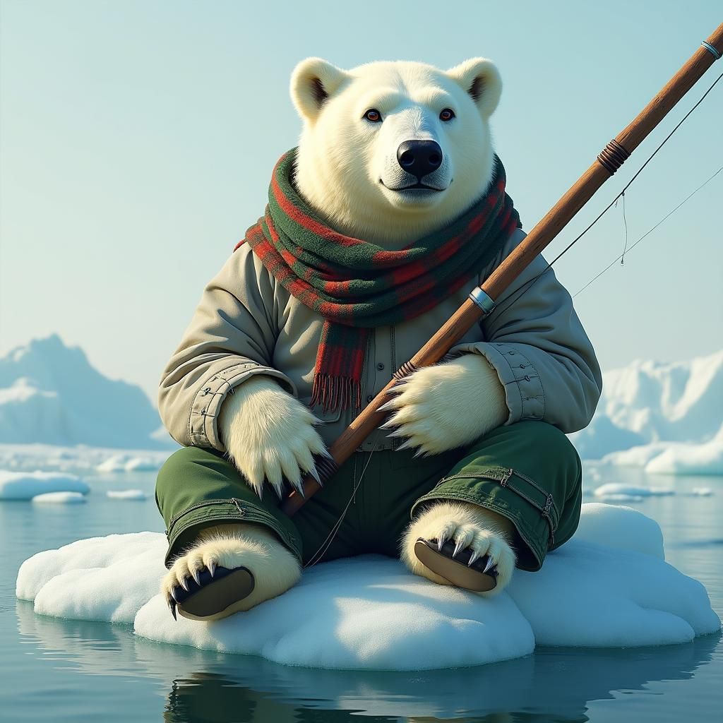 Polar Bear Fisherman in Digital Illustration Style