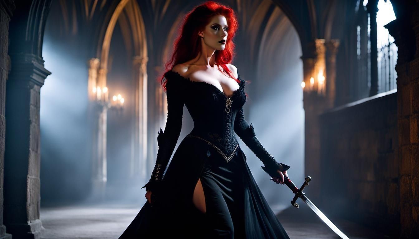 Gothic Redhead Vampire in Dark Castle Hallway