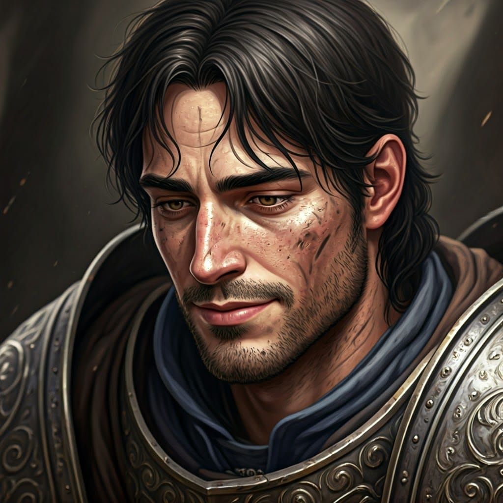 A Weary Dark-Haired Knight Bows Head in Defeat