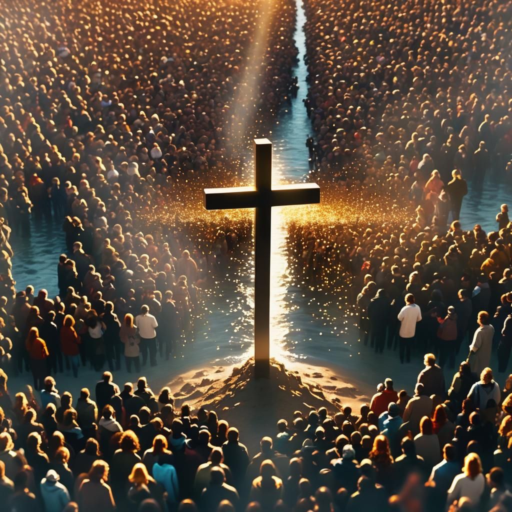 Glowing Cross Amidst Thousands: Cinematic Still