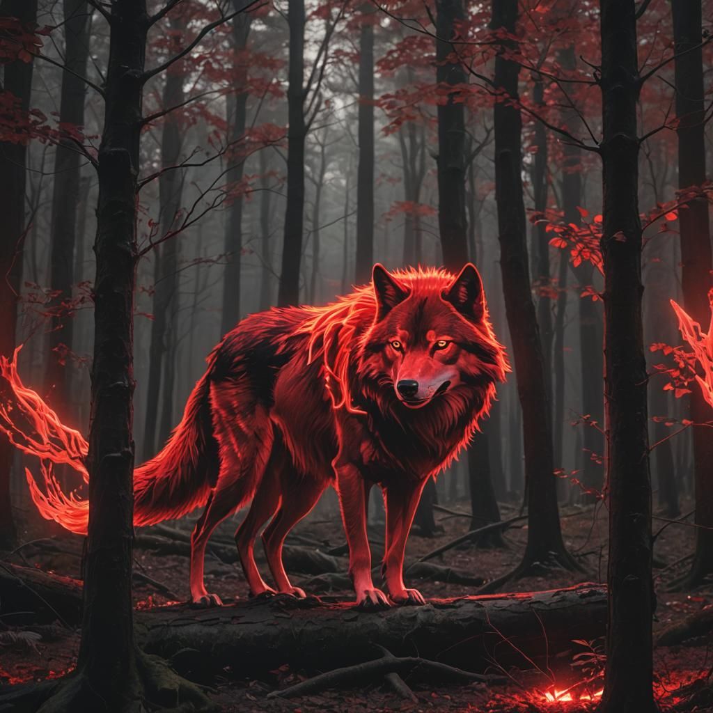 Red Glowing Wolf of Death in Forest
