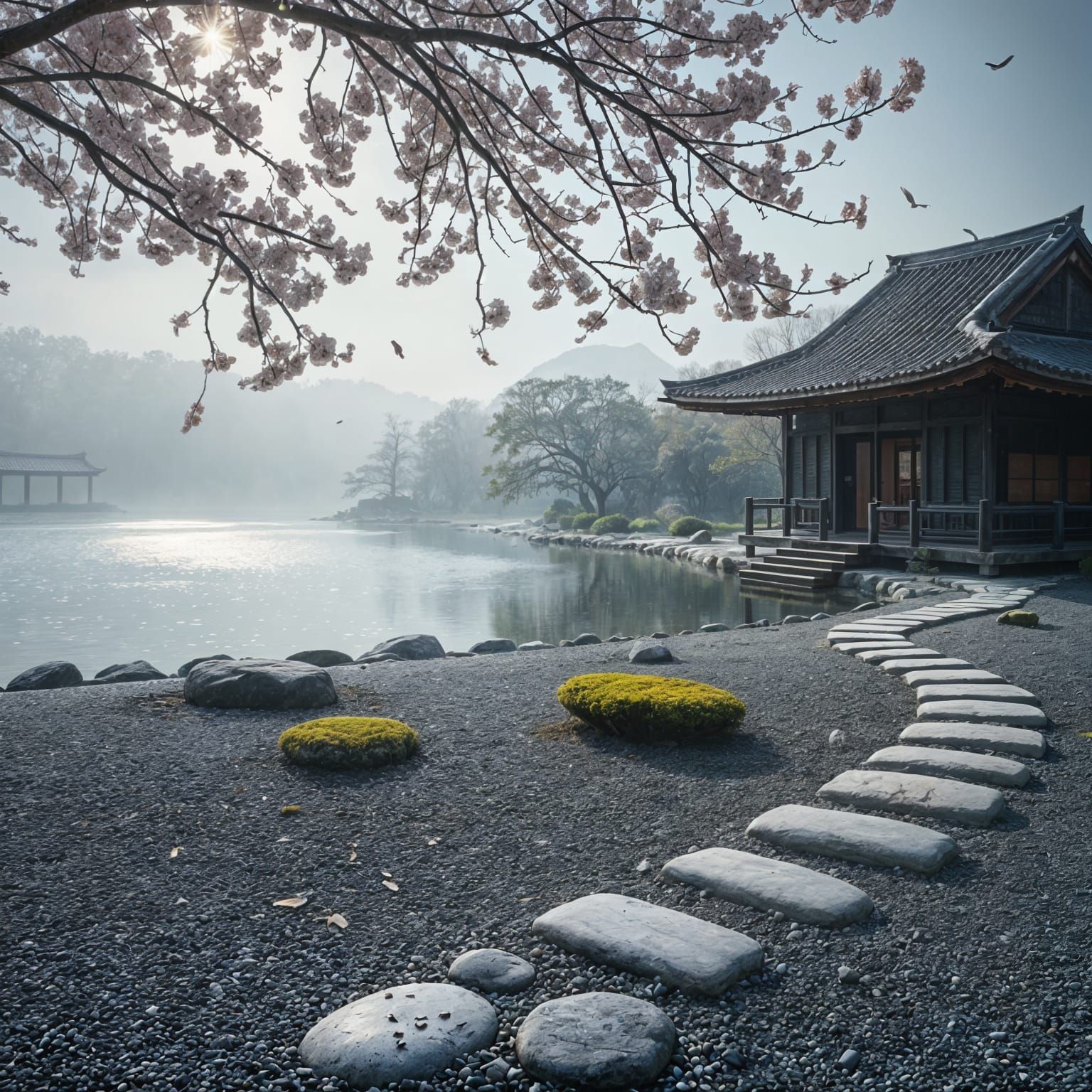 Tranquil Zen Garden in Cherry Blossom Season