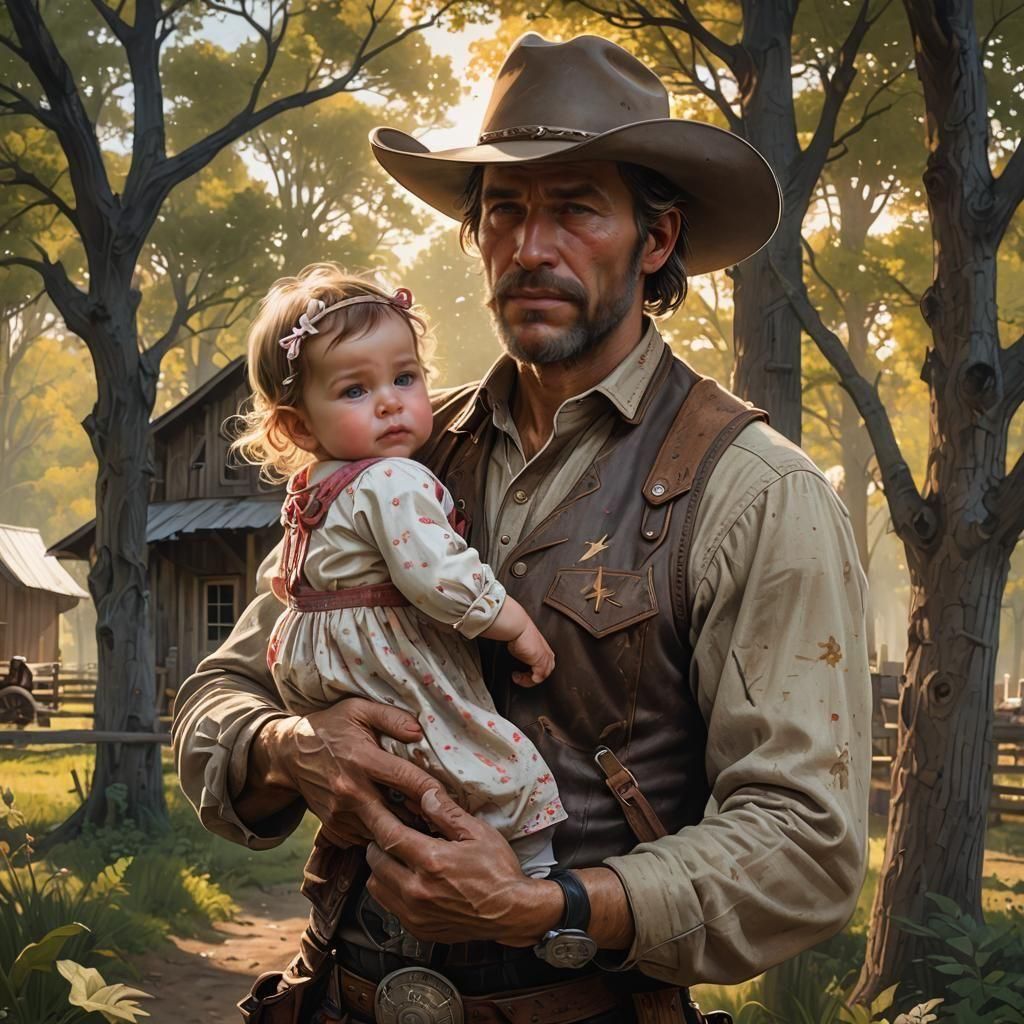 Cowboy Father and Newborn Daughter Portrait