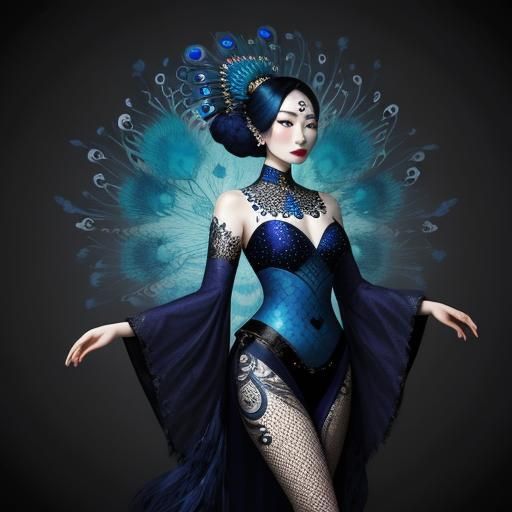 Asian Woman with Peacock Feathers in Abstract Style