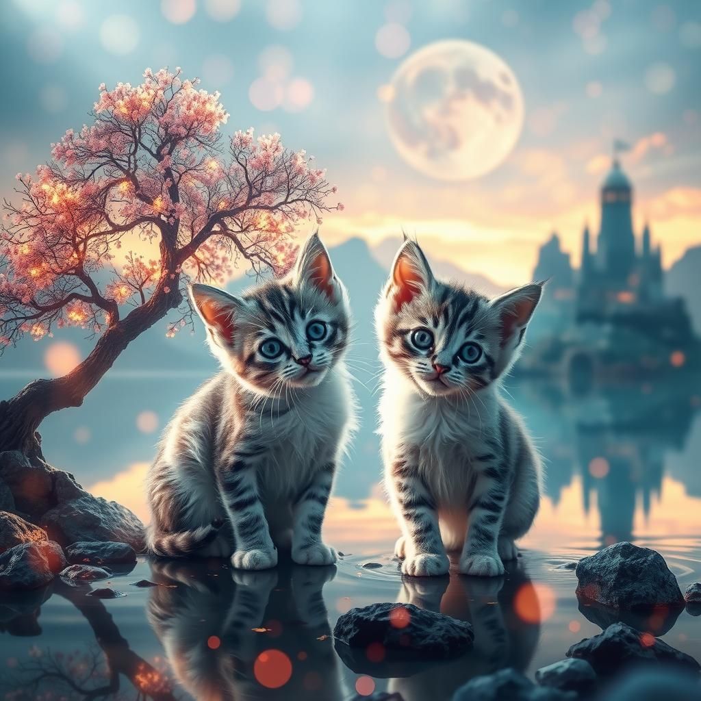 Kittens in Surreal Landscape with Bokeh Lighting