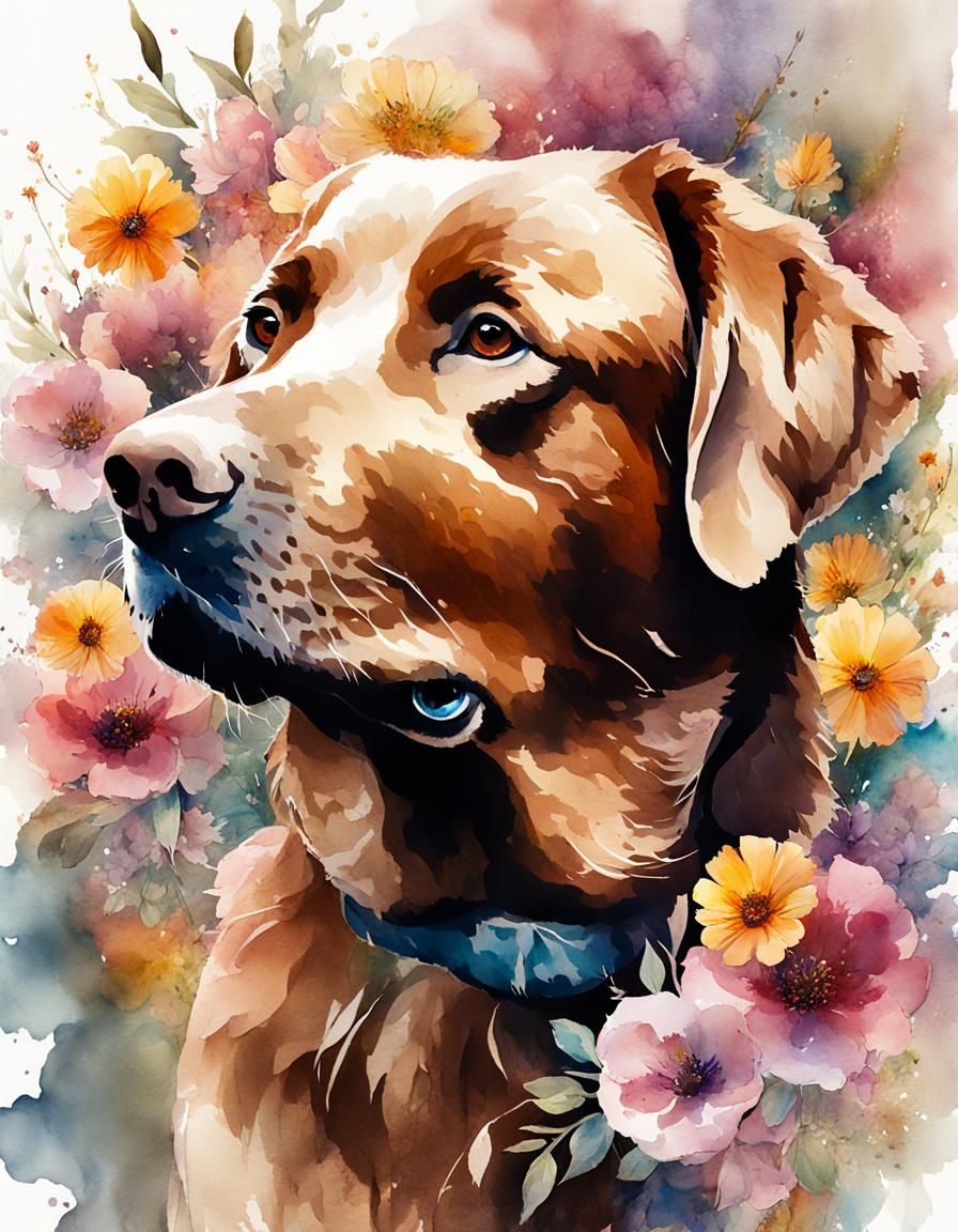 Smiling Brown Labrador in Watercolor Flower Garden