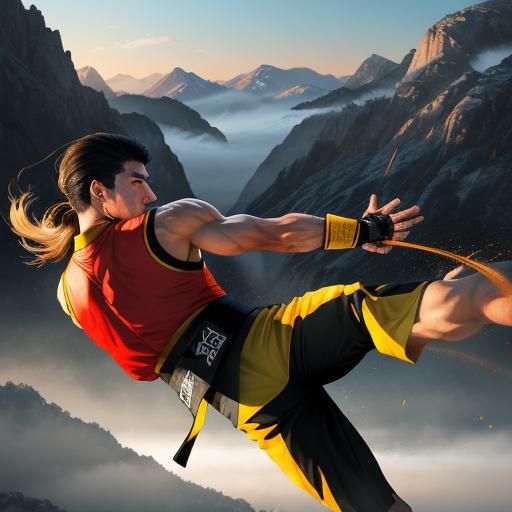Taekwondo Athlete Kicking in Mountain Landscape