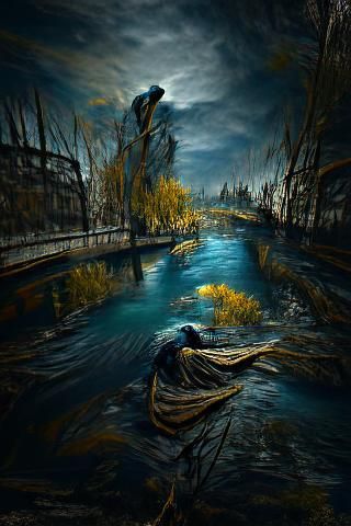 Dark Soul River: Detailed Oil Painting in Van Gogh Style