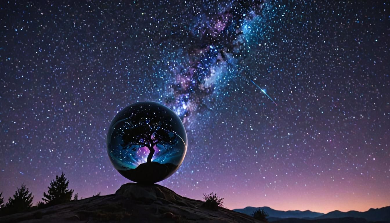 Surreal Celestial Scene with Glowing Orb and Starry Night Sk...