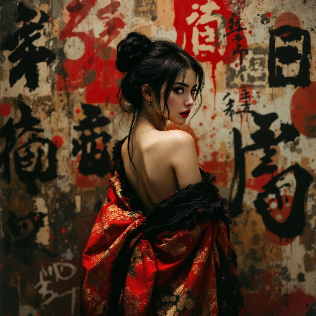 Alluring Woman in Kimono with Surreal Graffiti Backdrop