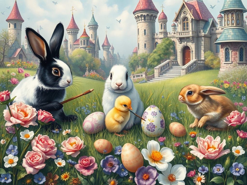 Bunnies Painting Easter Eggs in Fairytale Meadow