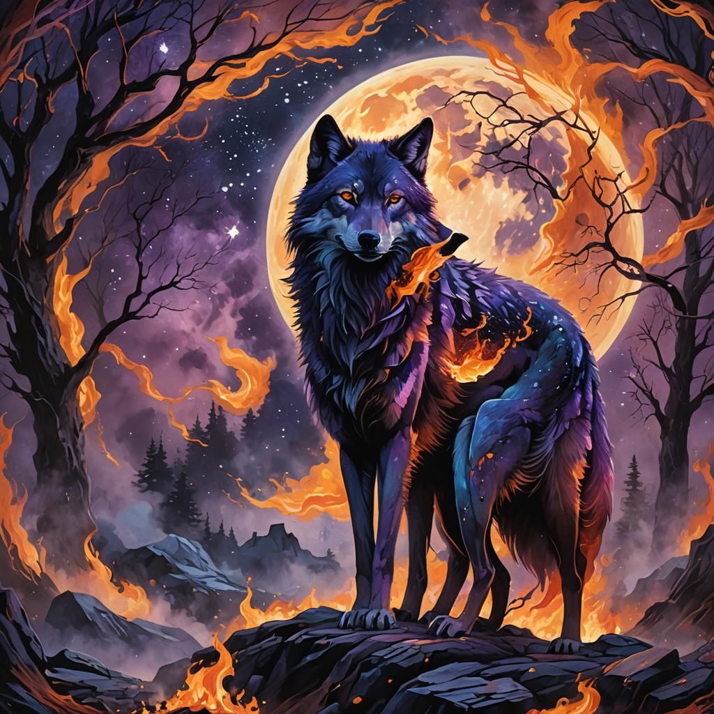 Fiery Wolf with Glowing Eyes Under Moonlight