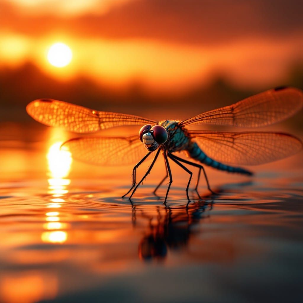 Realistic Dragonfly in Sunset Glow