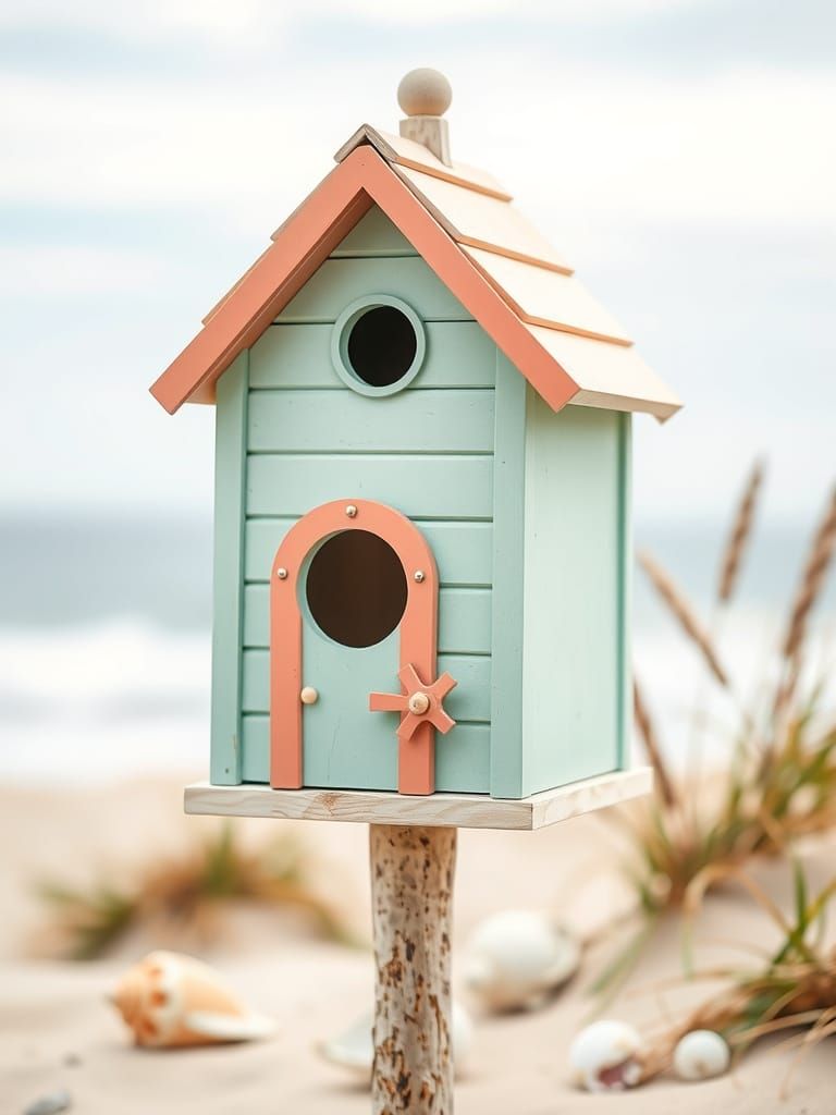 Seaside Cottage Birdhouse in Impressionist Watercolor Style