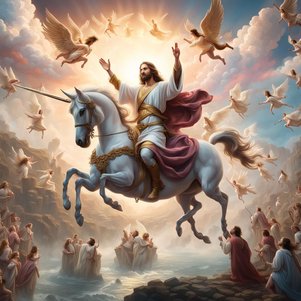 Jesus on Unicorn Surrounded by Angels