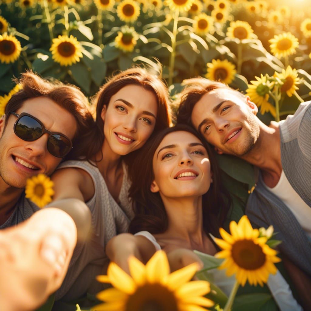 Friends Capture Selfie in Sunny Sunflower Garden