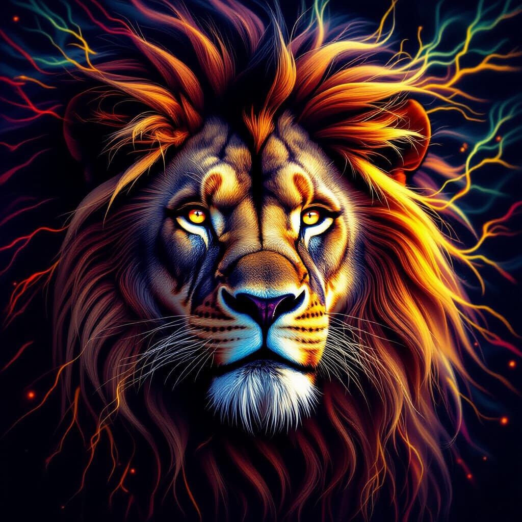 Fierce Lion with Bioluminescent Fractal Mane