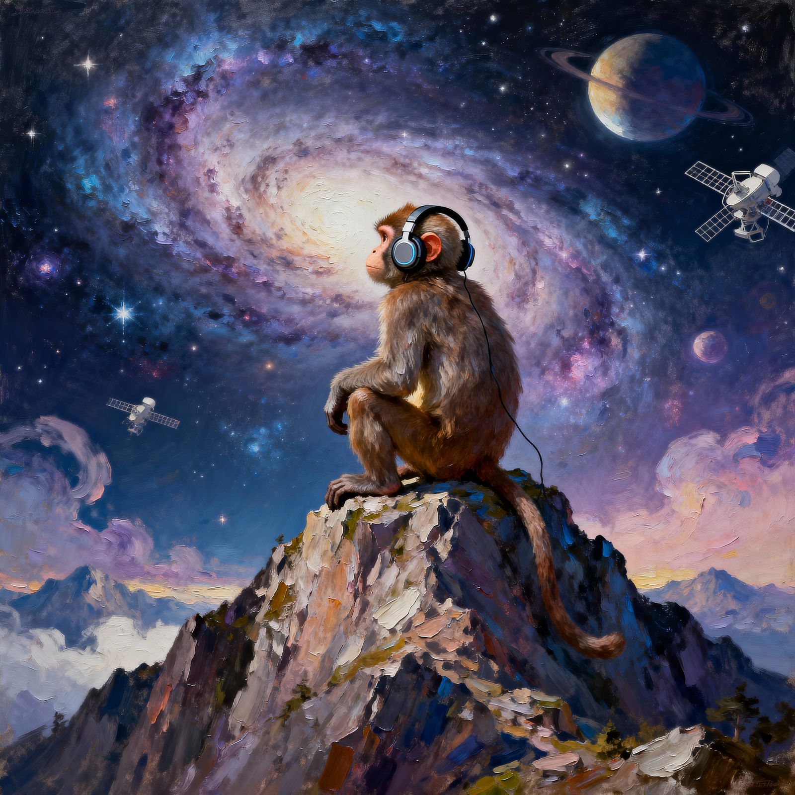 Macaque on Mountain Peak Gazing at Cosmic Nebula