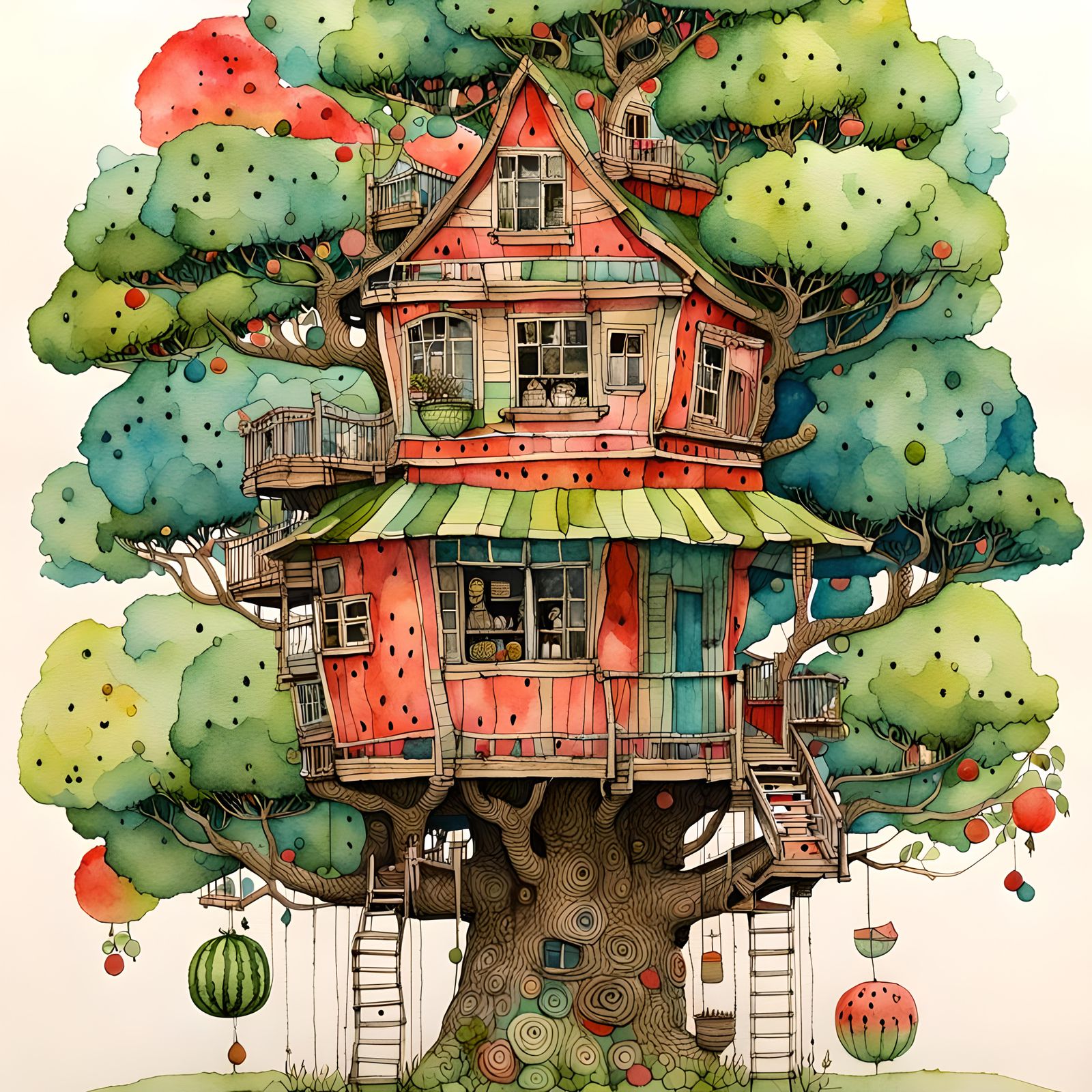 Intricate Watermelon Treehouse Illustration in Watercolour S...