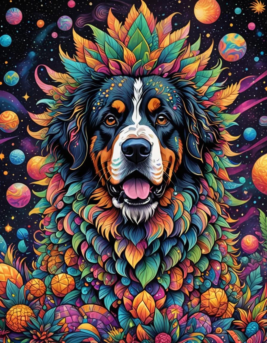 Psychedelic Pineapple Dog in Space, Iridescent Colors