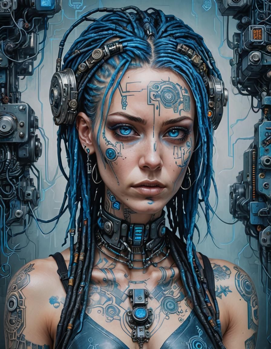 Cyberpunk Woman with Blue Circuitry Tattoos