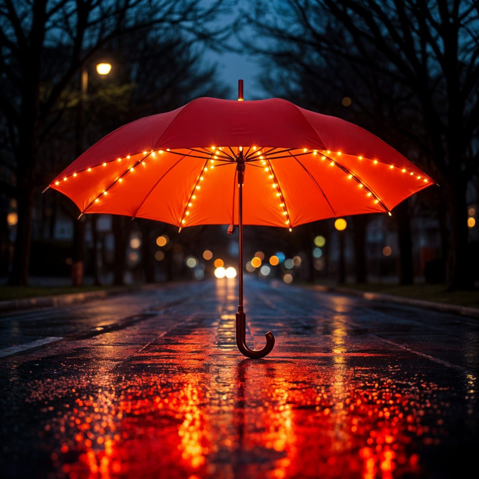 Illuminated Umbrella on Dark Road with LED Connections