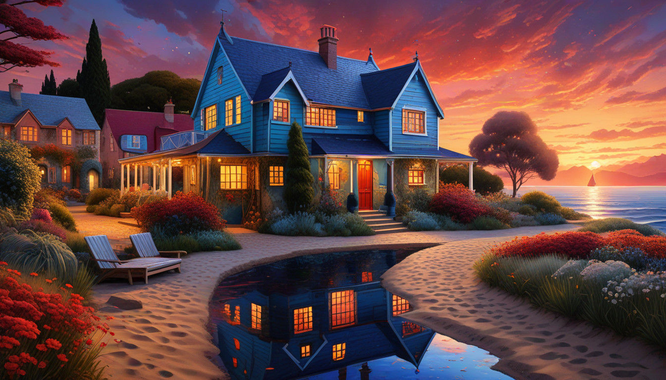 A Whimsical Cityscape with a Dripping Ship in Sunset Colors