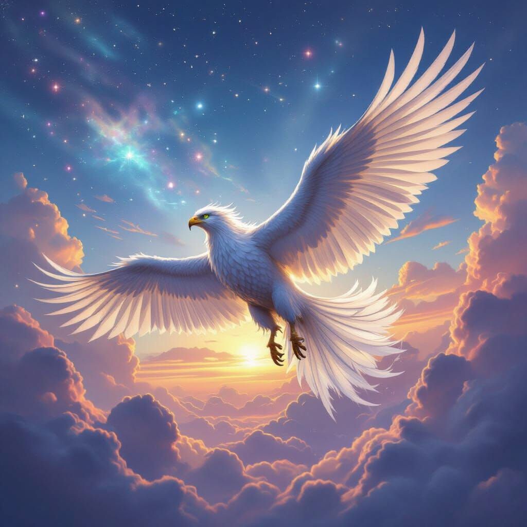 Majestic Griffin Soars Through Cosmic Stardust Sky