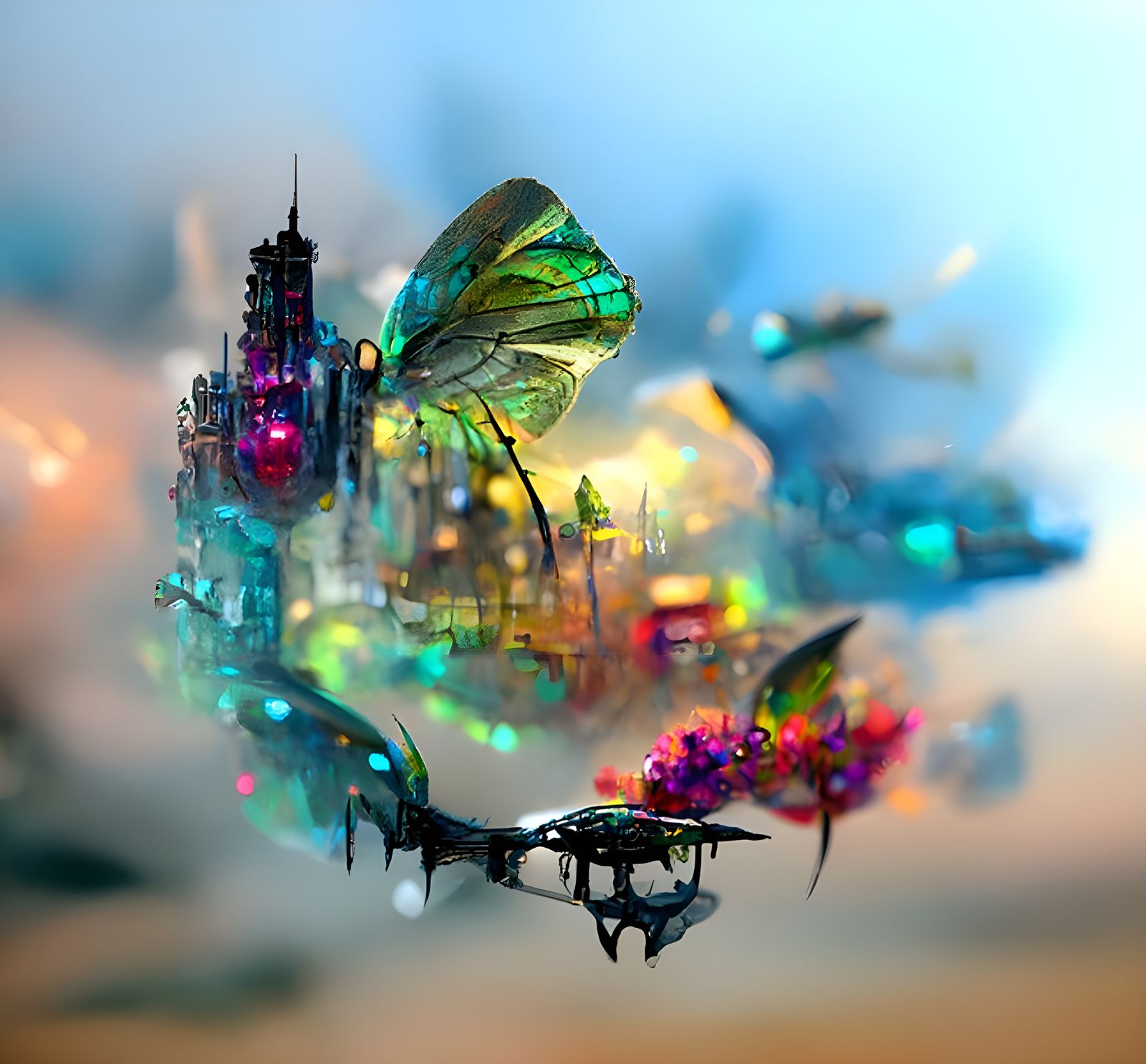 Butterfly Drones in Biopunk Cityscape