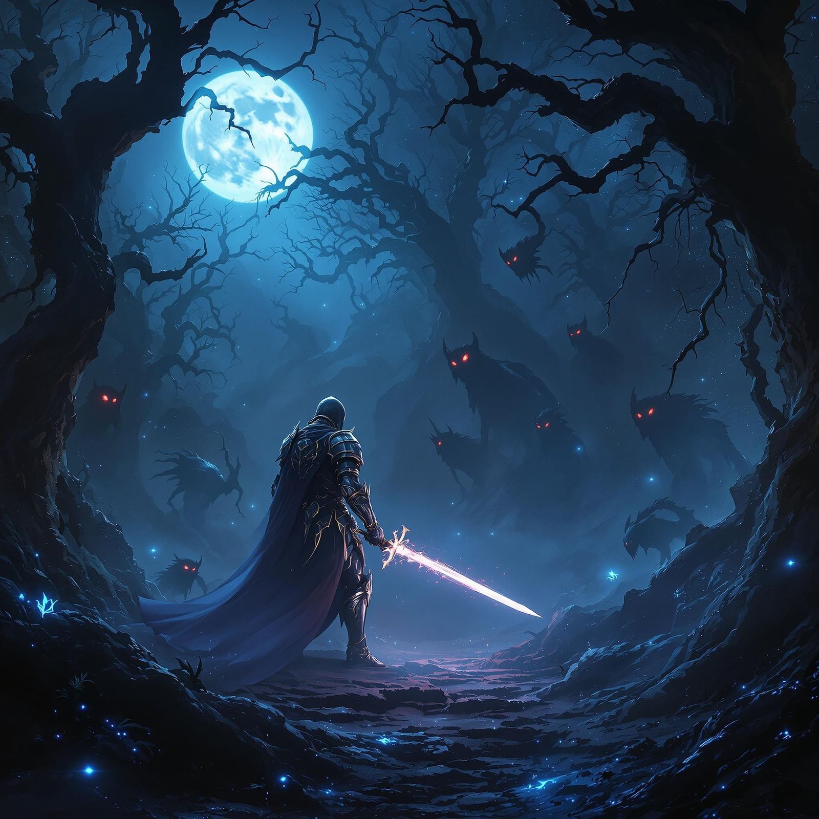 Ethereal Moonlit Knight Battles Mystical Menace in Dark Fant...