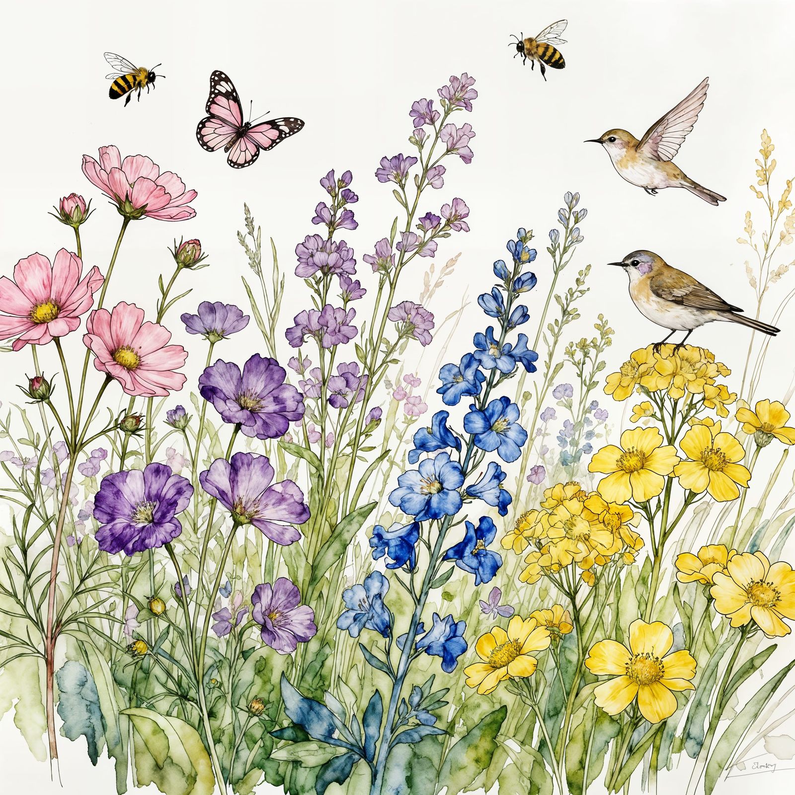 Line Art Wildflowers with Butterflies and Birds