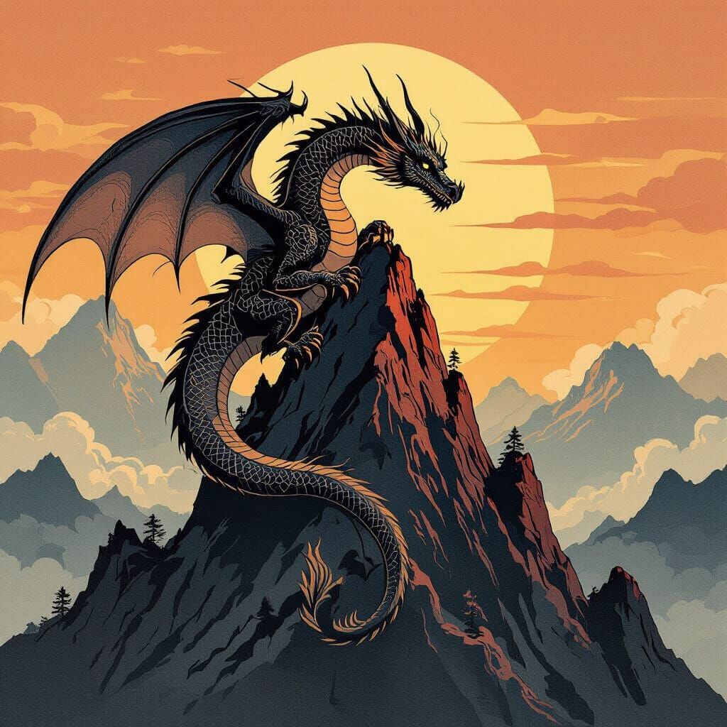 Majestic Dragon on Mountain Peak in Sumi-e Style