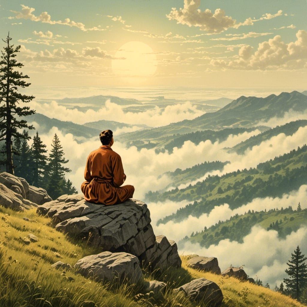 Meditating Man in Vintage Nostalgic Illustration