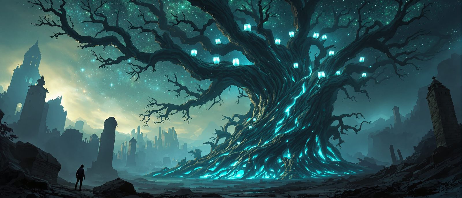 Ancient Bioluminescent Tree in Forgotten City Ruins