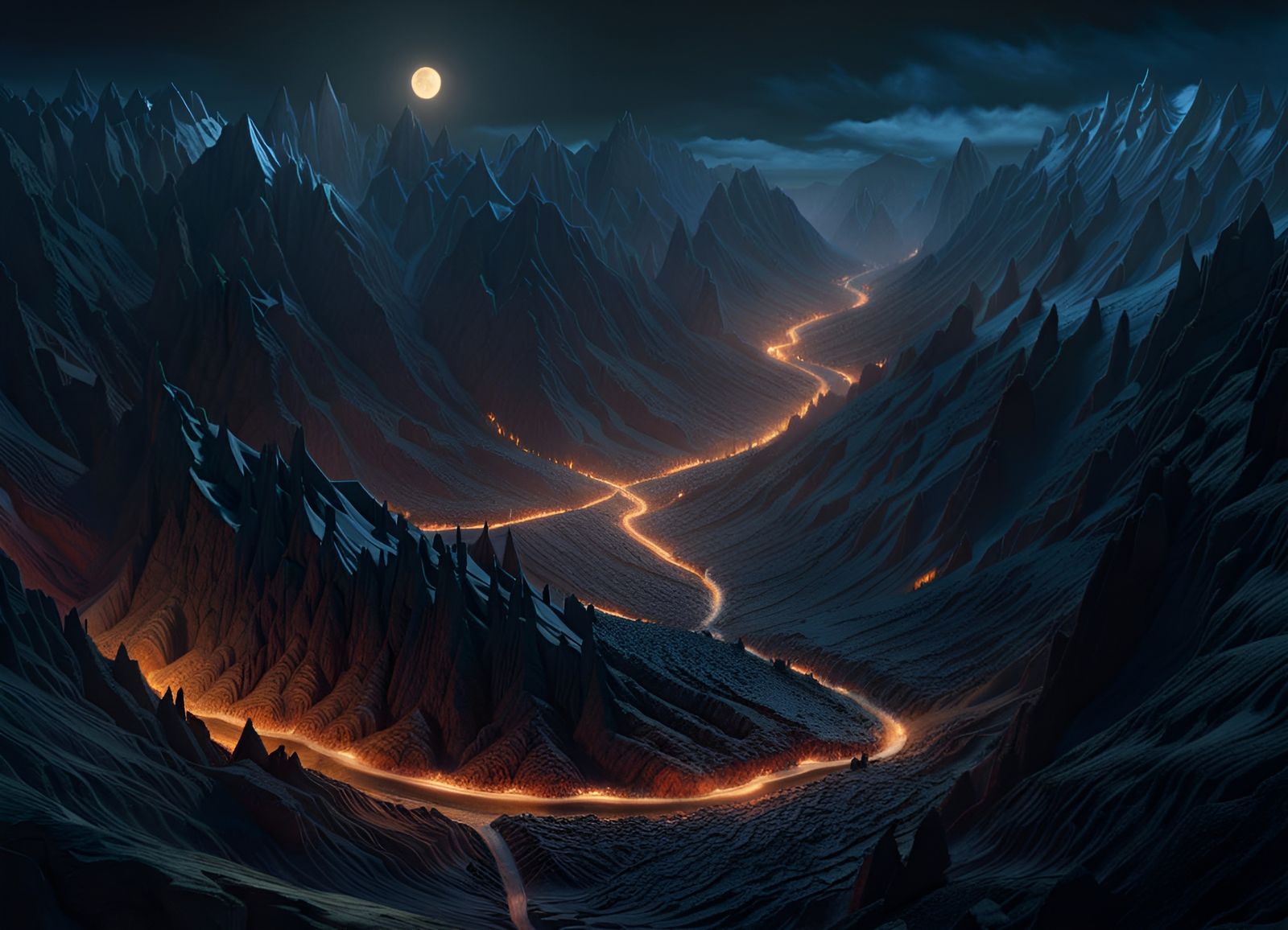 Cubist Crystal Mountain Valley at Night