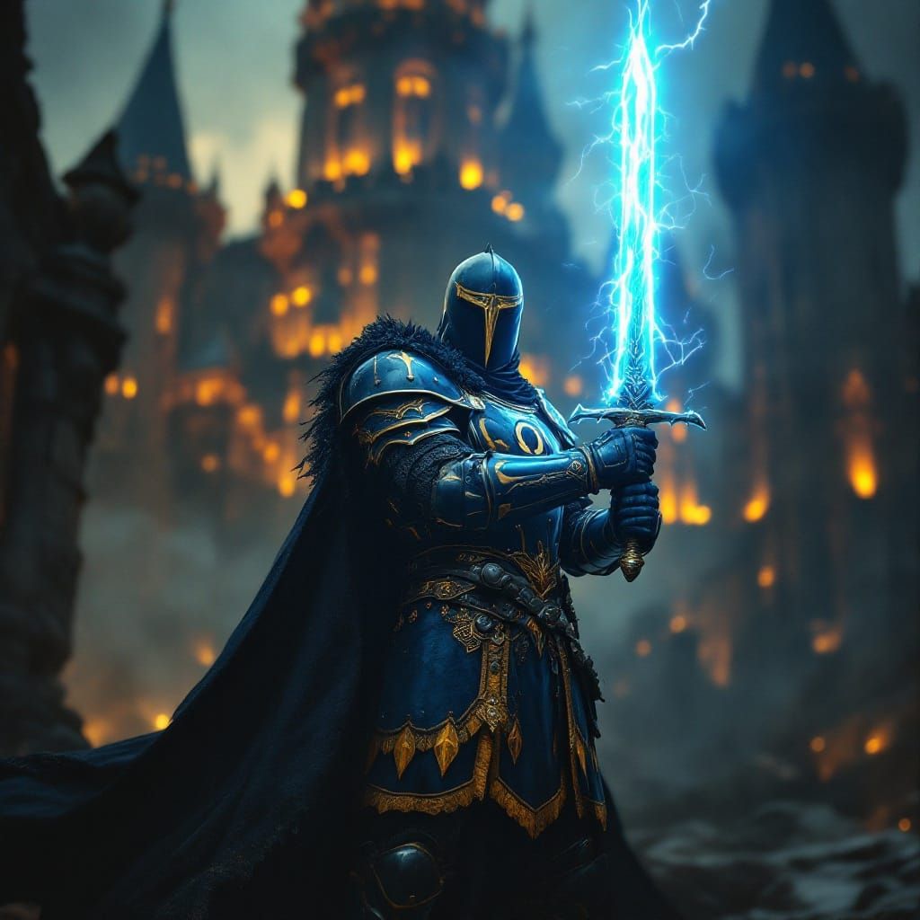 Dark Blue Knight in Epic, Cinematic Plate Armor, Holding Lig...
