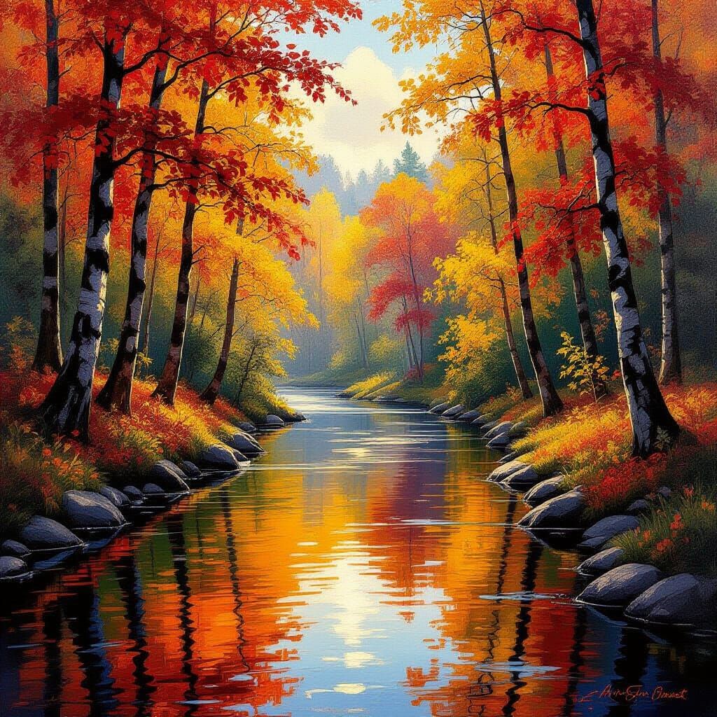 Autumn River Forest Scene Realistic Oil Painting