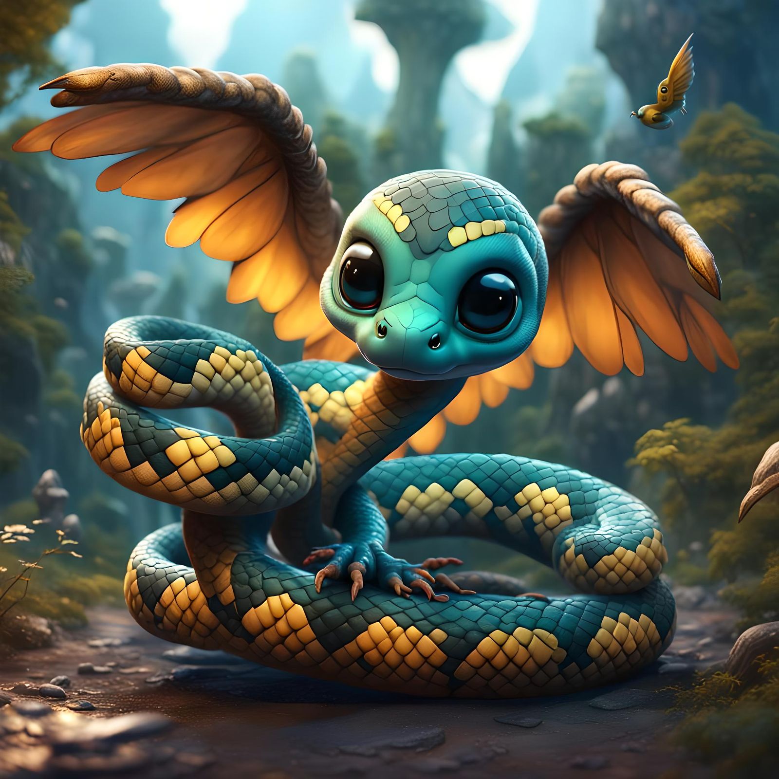 Cute Winged Snake: Detailed Matte Painting