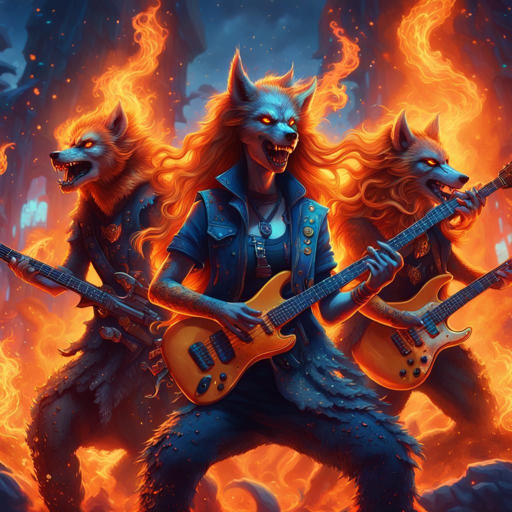 Fiery Werewolf Girl Band Performance Art