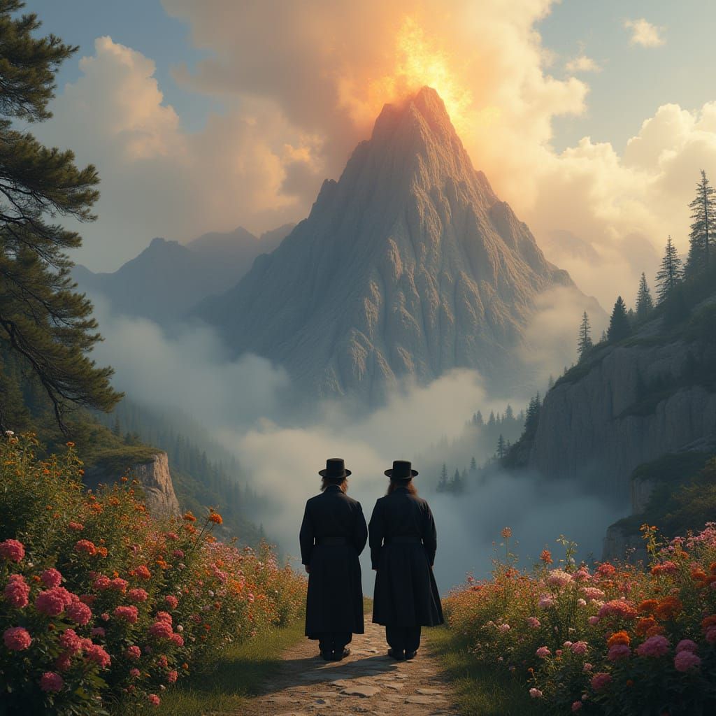 Mystical Mountain Scene with Orthodox Jewish Men