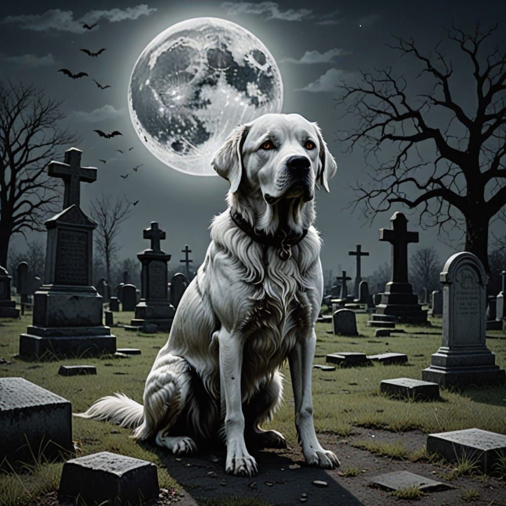 Ghost Dog in Haunted Cemetery Under Grey Moon