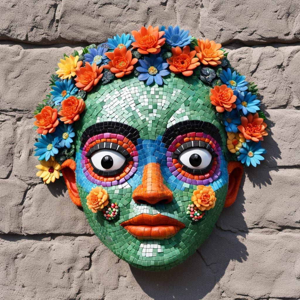 Frida Kahlo-Inspired Mosaic Mask in Vibrant Floral Colors