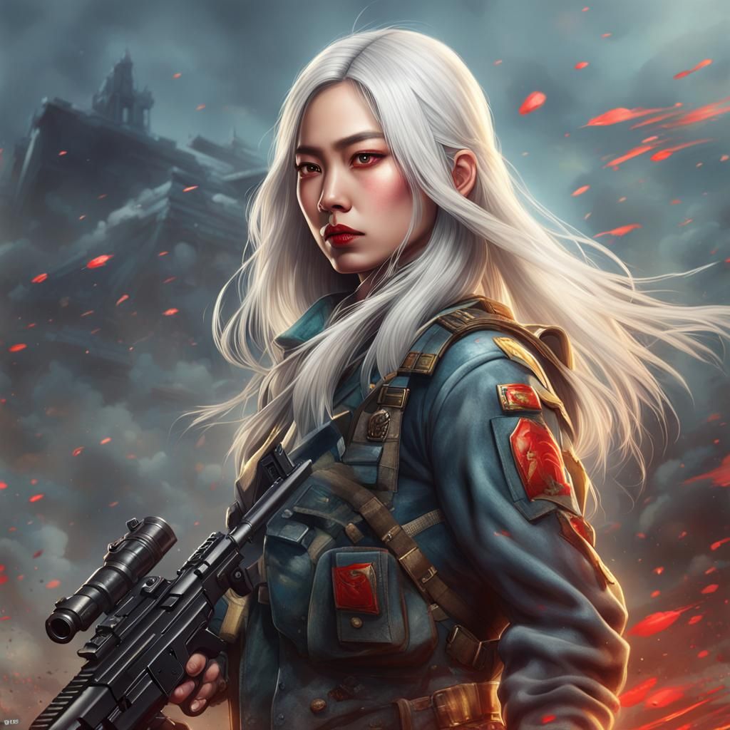 Asian Woman Warrior on Battlefield in Hyperrealistic Style