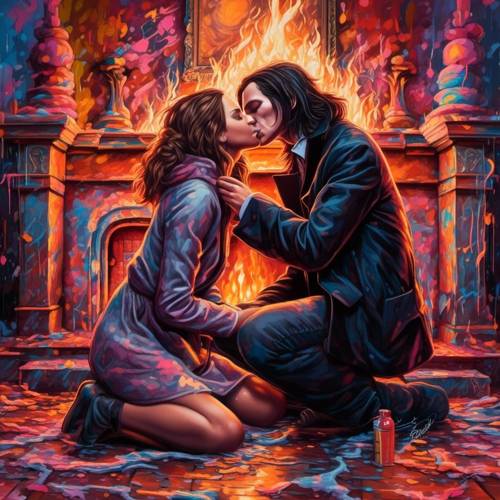 Severus Snape and Hermione Granger kissing in front of the fireplace
