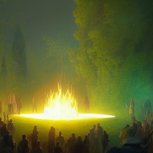 People Around Green Fire: Hyperdetailed Digital Art