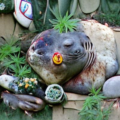 Stoned Seal Smokes Joint Surrounded by Weed