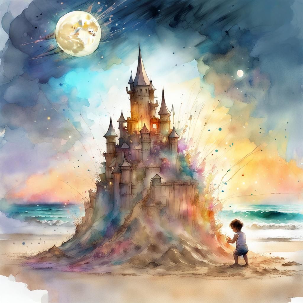 Cute Baby Builds Sandcastle: Digital Watercolor Art