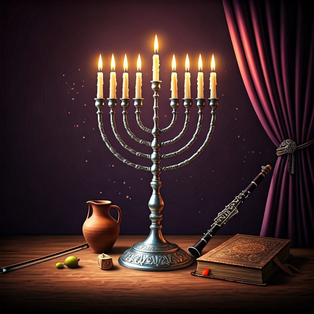 Silver Menorah in Majestic, Ornate Style with Delicate Candl...