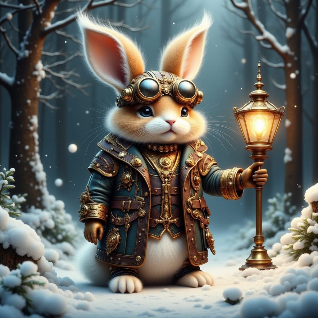 Steampunk rabbit in winter