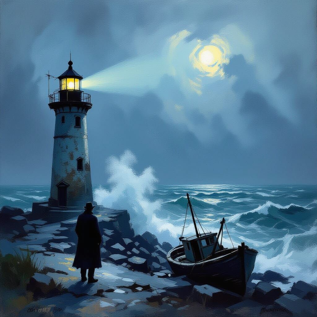 Stormy Seas Lighthouse Keeper in Impressionist Style
